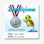 Gepersonaliseerd zwemdiploma B tegeltje met schildpad opdruk en tekst gefeliciteerd inclusief naam en afzwemdatum.