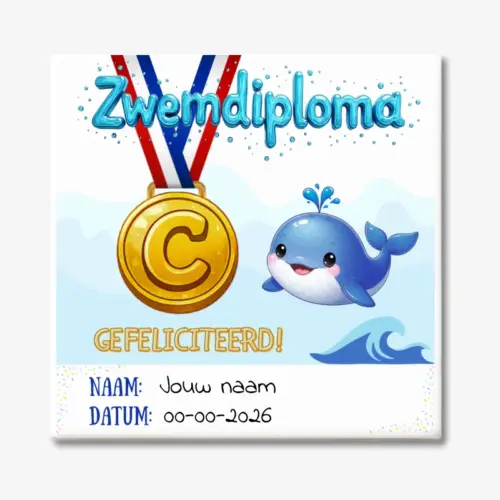 Gepersonaliseerd zwemdiploma C tegeltje met walvis opdruk en tekst gefeliciteerd inclusief naam en afzwemdatum.
