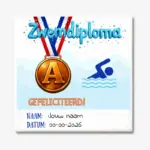 Cadeau tegeltje zwemdiploma A met medaille opdruk en letters gefeliciteerd gepersonaliseerd met naam en datum.