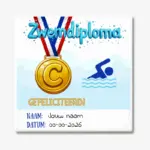 Cadeau tegeltje zwemdiploma C met medaille opdruk en letters gefeliciteerd gepersonaliseerd met naam en datum.