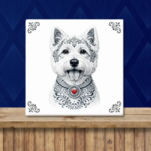 Sfeerafbeelding van een tegeltje met West Highland White Terriër hond in Zeeuwse stijl met rood hartje