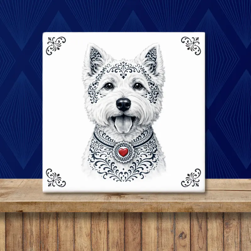 West Highland White Terriër Zeeuws honden tegeltje Sfeerafbeelding van een tegeltje met West Highland White Terriër hond in Zeeuwse stijl met rood hartje