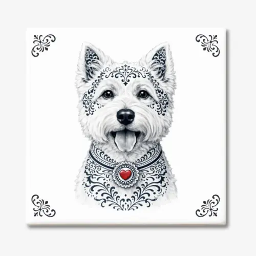 Tegeltje met West Highland White Terriër hond in Zeeuwse stijl met rood hartje