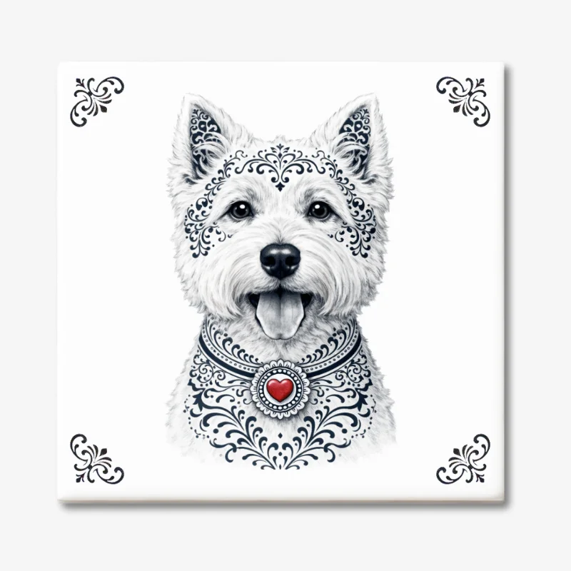 West Highland White Terriër Zeeuws honden tegeltje Tegeltje met West Highland White Terriër hond in Zeeuwse stijl met rood hartje