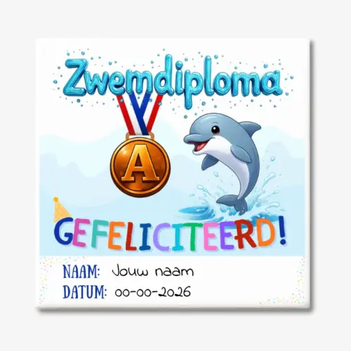 Tegeltje zwemdiploma A met vrolijke dolfijn opdruk en gekleurde letters gefeliciteerd gepersonaliseerd met naam en datum.