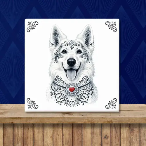 Sfeerafbeelding van een tegeltje met Zwitserse Witte Herdershond in Zeeuwse stijl met rood hartje