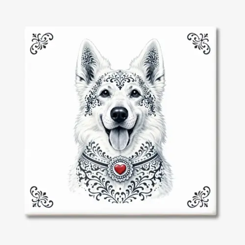 Tegeltje met Zwitserse Witte Herdershond in Zeeuwse stijl met rood hartje