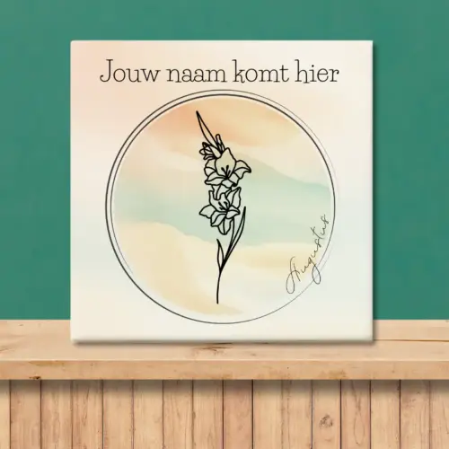 Sfeerafbeelding van een tegeltje met de geboortebloem van augustus Gladiool