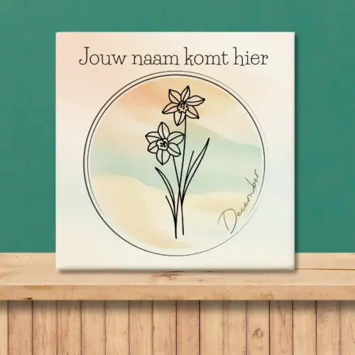 Sfeerafbeelding van een tegeltje met de geboortebloem van december Witte narcis