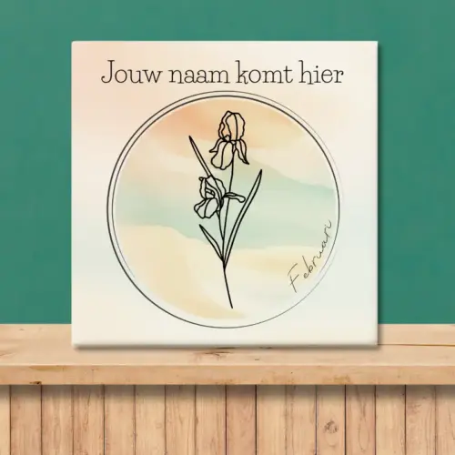 Sfeerafbeelding van een tegeltje met de geboortebloem van februari Iris