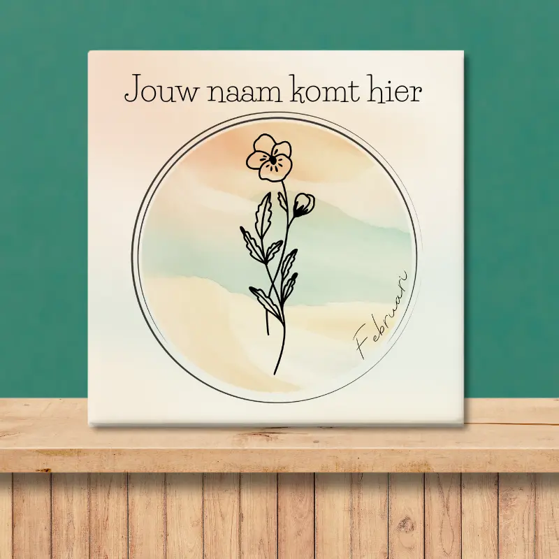 Geboortebloem tegeltje februari Viooltje Sfeerafbeelding van een tegeltje met de geboortebloem van februari Viooltje