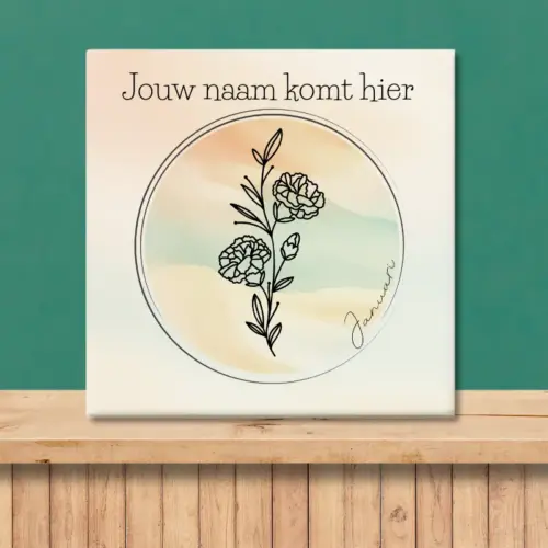 Sfeerafbeelding van een tegeltje met de geboortebloem van januari Anjer