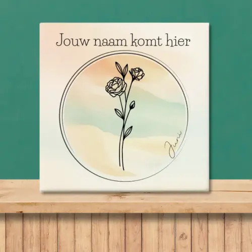 Sfeerafbeelding van een tegeltje met de geboortebloem van juni Roos