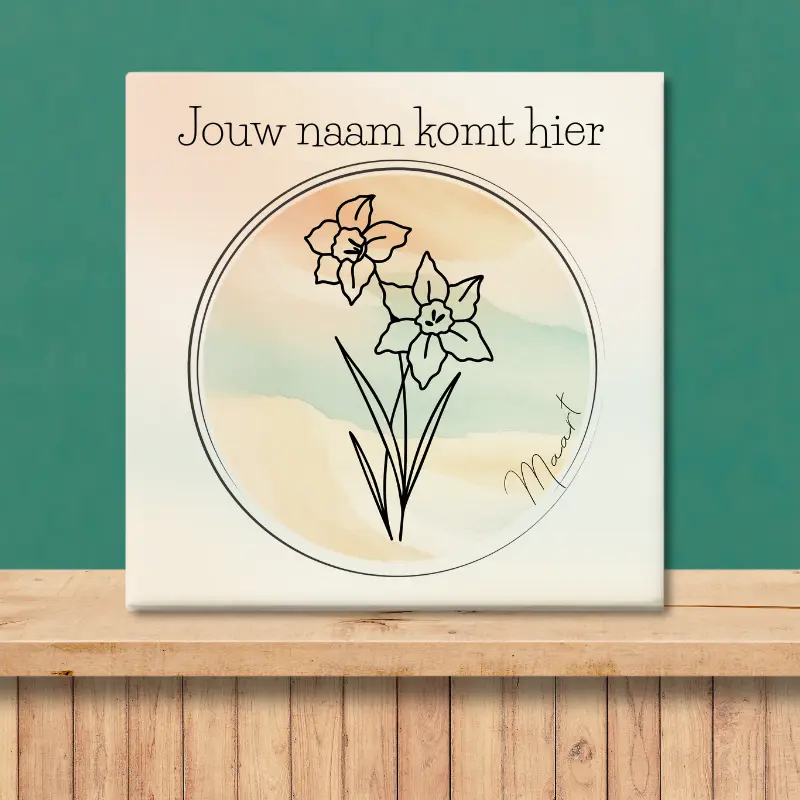 Geboortebloem tegeltje maart Gele narcis Sfeerafbeelding van een tegeltje met de geboortebloem van maart Gele narcis