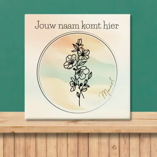 Sfeerafbeelding van een tegeltje met de geboortebloem van maart Kersenbloesem