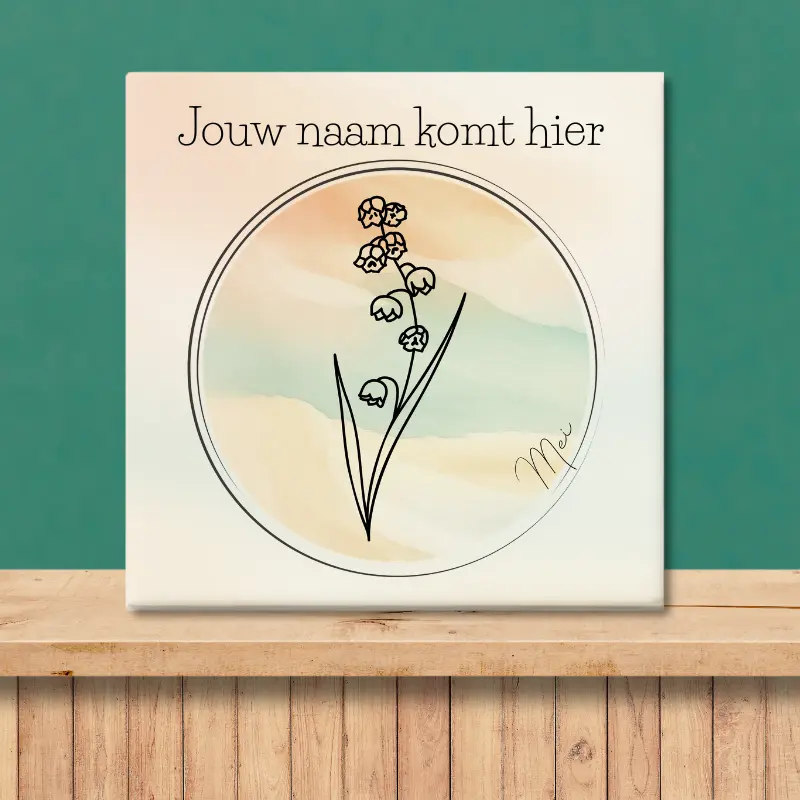 Geboortebloem tegeltje mei Lelietje van dalen Sfeerafbeelding van een tegeltje met de geboortebloem van mei Lelietje van dalen