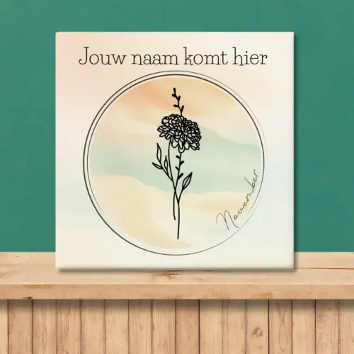 Sfeerafbeelding van een tegeltje met de geboortebloem van november Chrysant