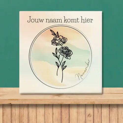 Sfeerafbeelding van een tegeltje met de geboortebloem van november Pioenroos