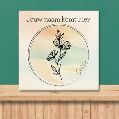 Sfeerafbeelding van een tegeltje met de geboortebloem van oktober Cosmea