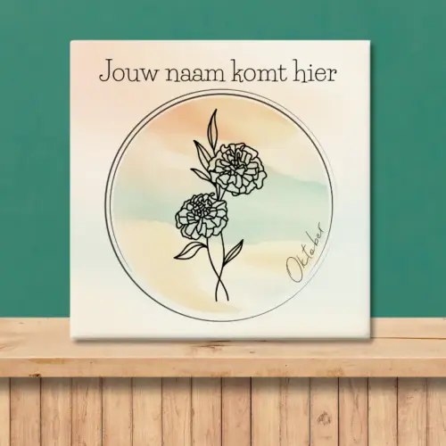 Sfeerafbeelding van een tegeltje met de geboortebloem van oktober Goudsbloem