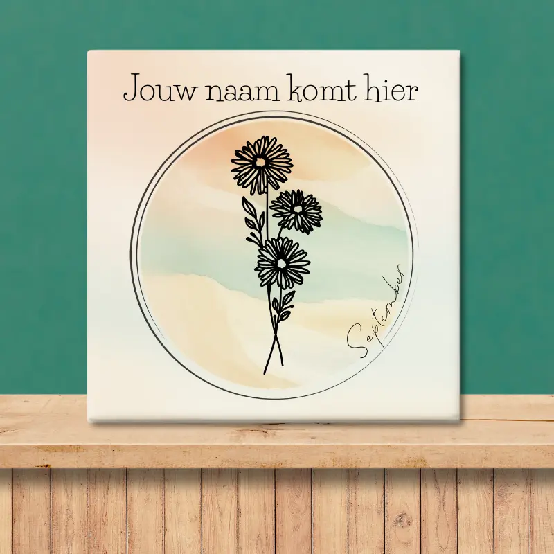 Geboortebloem tegeltje september Aster Sfeerafbeelding van een tegeltje met de geboortebloem van september Aster