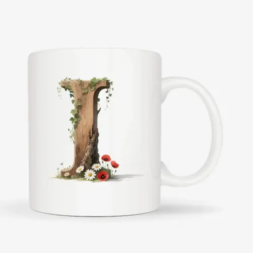 Witte mok met een opdruk van een houten letter I met klaprozen, bloemen en klimop.