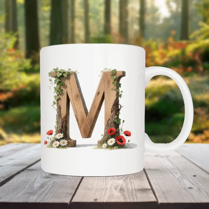 Mok letter M met standaard oor in bosthema Sfeerafbeelding van een witte mok met een opdruk van een houten letter M met klaprozen, bloemen en klimop.