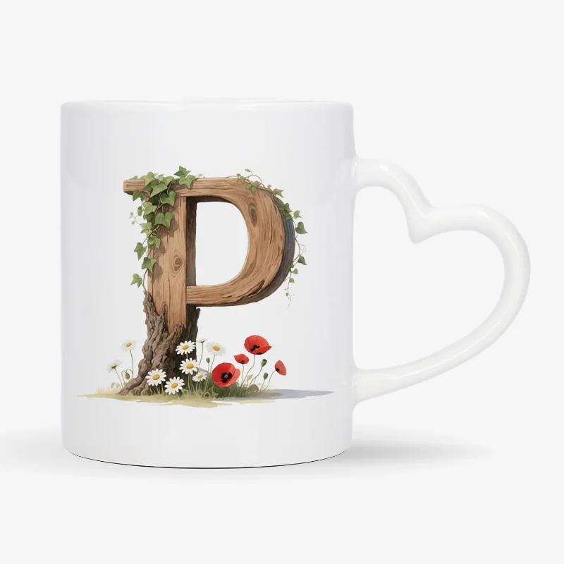 Mok letter P met hartvormig oor in bosthema Witte mok met een opdruk van een houten letter P met klaprozen, bloemen en klimop.
