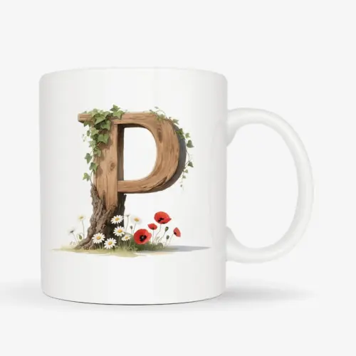 Witte mok met een opdruk van een houten letter P met klaprozen, bloemen en klimop.