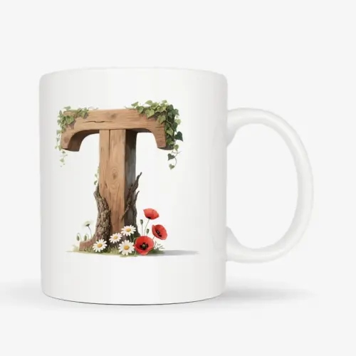 Witte mok met een opdruk van een houten letter T met klaprozen, bloemen en klimop.