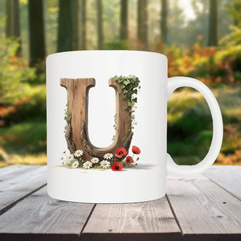 Mok letter U met standaard oor in bosthema Sfeerafbeelding van een witte mok met een opdruk van een houten letter U met klaprozen, bloemen en klimop.