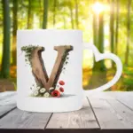 Mok letter V met hartvormig oor in bosthema