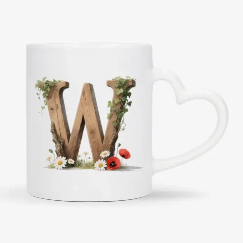 Witte mok met een opdruk van een houten letter W met klaprozen, bloemen en klimop.