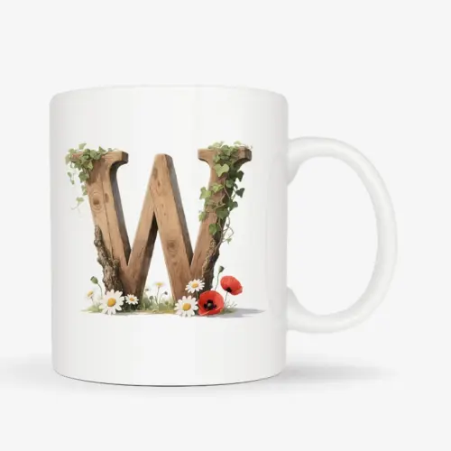 Witte mok met een opdruk van een houten letter W met klaprozen, bloemen en klimop.