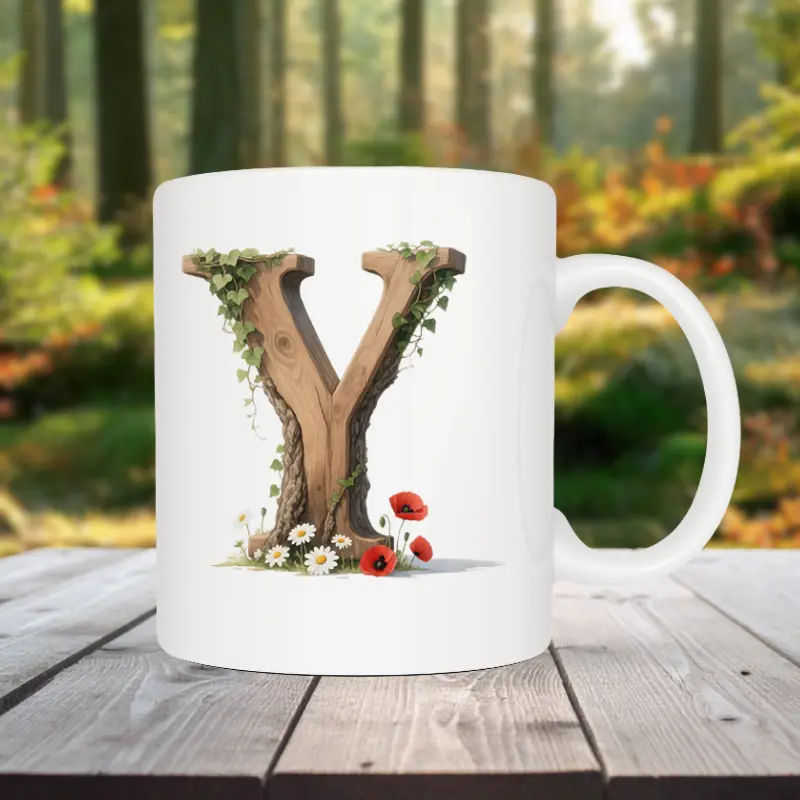 Mok letter Y met standaard oor in bosthema Sfeerafbeelding van een witte mok met een opdruk van een houten letter Y met klaprozen, bloemen en klimop.
