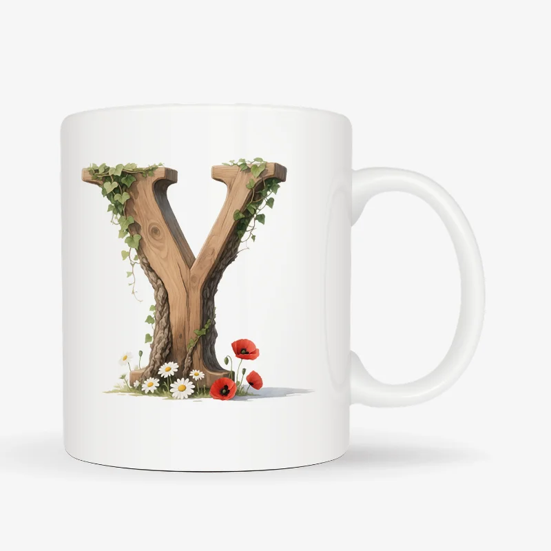 Mok letter Y met standaard oor in bosthema Witte mok met een opdruk van een houten letter Y met klaprozen, bloemen en klimop.