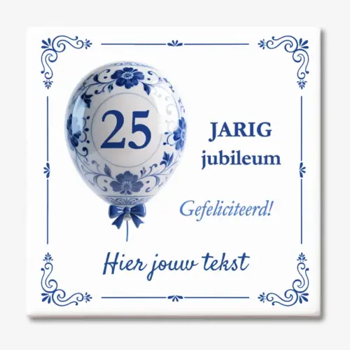 Tegeltje 25 jarig jubileum met ballon in delfts blauw