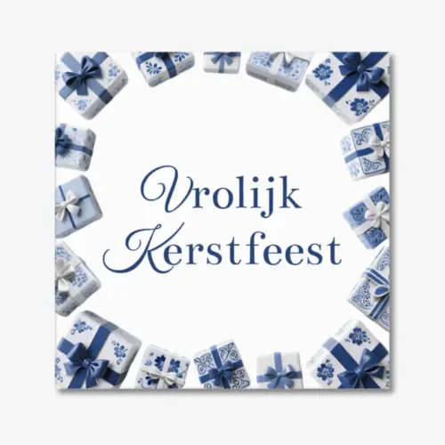 Kerst tegeltje met tekst "Vrolijk Kerstfeest" en rondom cadeautjes in delfts blauw