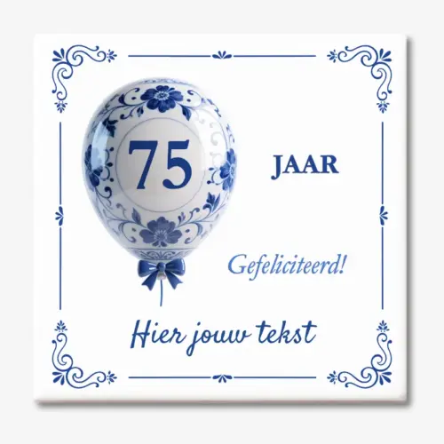 Tegeltje 75 jaar verjaardag met ballon in delfts blauw