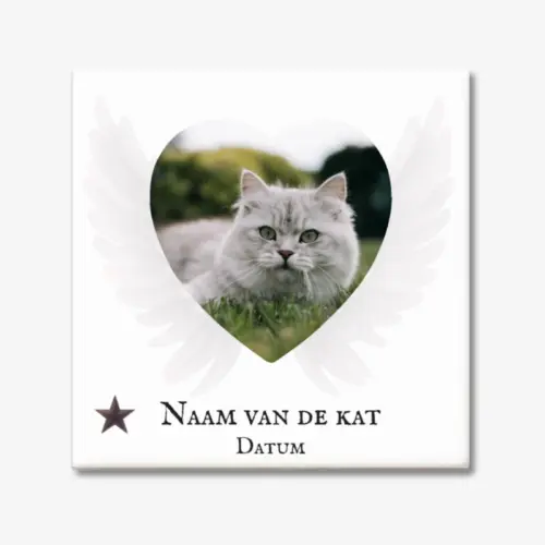 Gedenktegeltje met naam, datum en foto van een kat