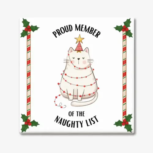 Kerst tegeltje met tekst "Proud member of the naughty list" en een afbeelding van een schattige kat