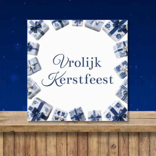 Kerst tegeltje in Delfts blauw met de tekst "Vrolijk Kerstfeest"