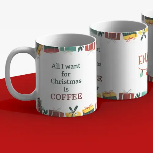 Kerstmok met de tekst "All I want for Christmas is coffee"