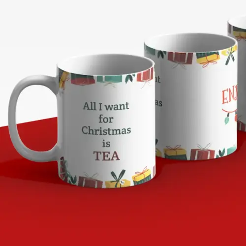 Kerstmok met de tekst "All I want for Christmas is tea"