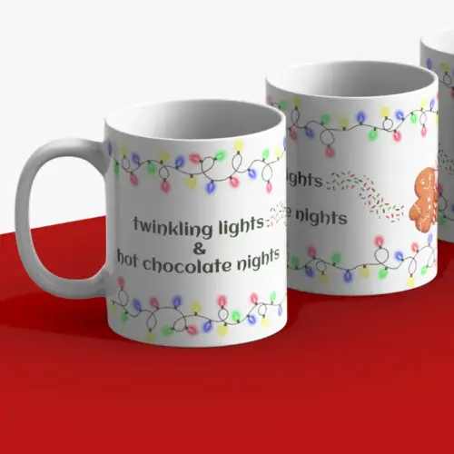 Kerstmok met de tekst twinkling lights hot chocolate nights
